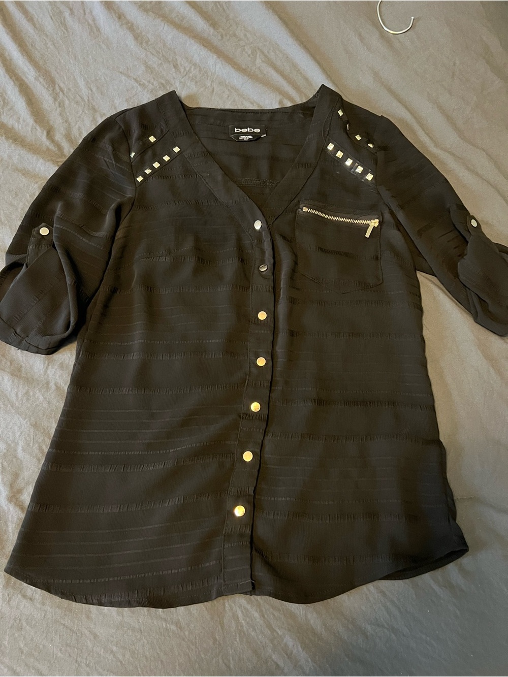 bebe Black Button-Front Studded Zip-Pocket Shirt